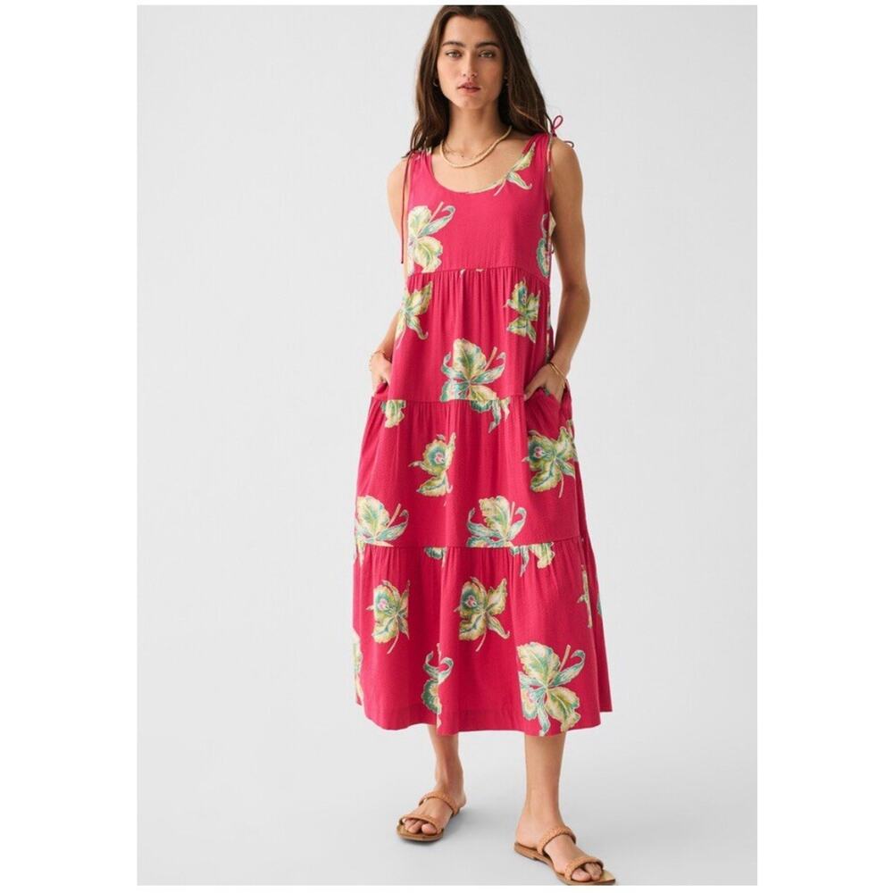 Faherty Midi Dress Small Lanai Seersucker Orchid Blosson Tiered Pockets